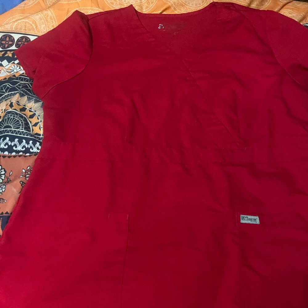 Grey's Anatomy Women's Red V-Neck Scrub Top - Short Sleeve with matching pants